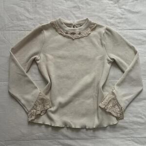 Axes Femme Cream mock neck long sleeve top with floral lace trim collar detail